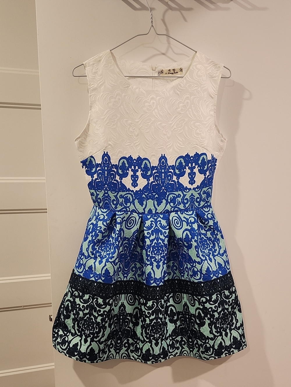 P2P 17" Girls White and Blue Patterned Party Dress